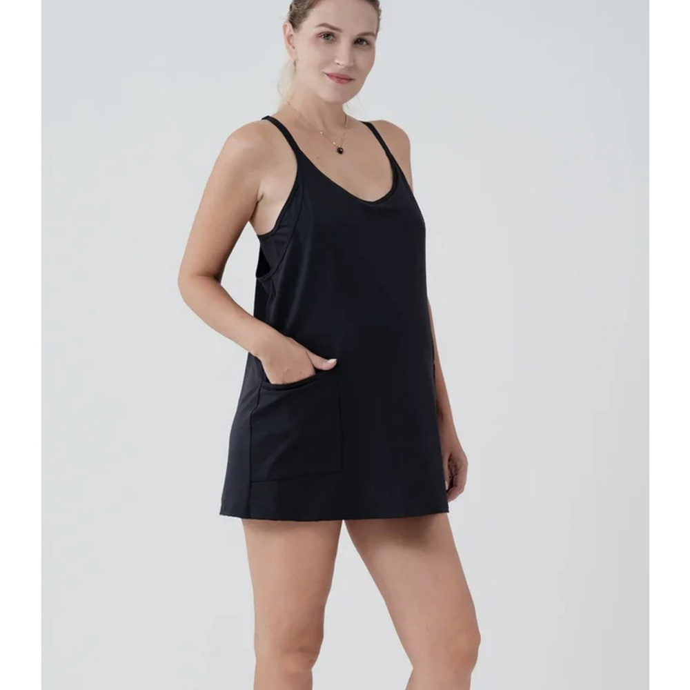 Maternity Active Mini Dress Romper Blk Stretch Pocket Athleisure Size L Outdoor